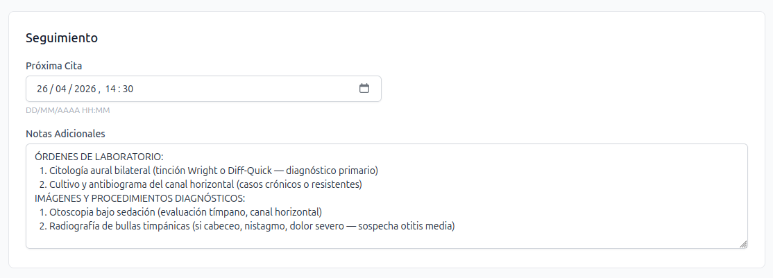 Sección de seguimiento — campo de próxima cita con selector de fecha y campo de notas adicionales