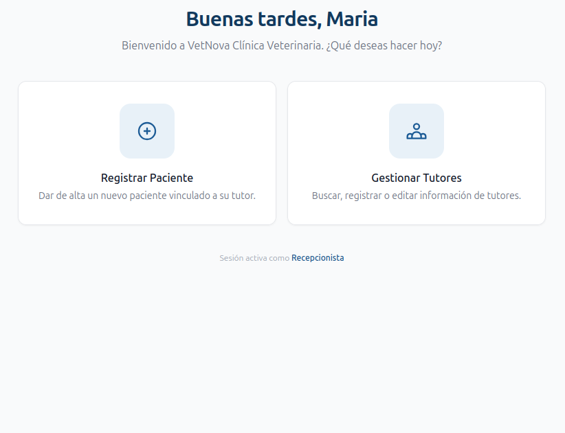 Pantalla de bienvenida — vista de Recepcionista o Auxiliar con dos tarjetas: "Registrar Paciente" y "Gestionar Tutores"