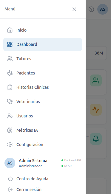 Menú lateral en móvil desplegado — panel deslizante desde la izquierda con las secciones disponibles para el rol, fondo semitransparente, y pie con perfil del usuario, indicadores de servicio, Centro de Ayuda y Cerrar sesión