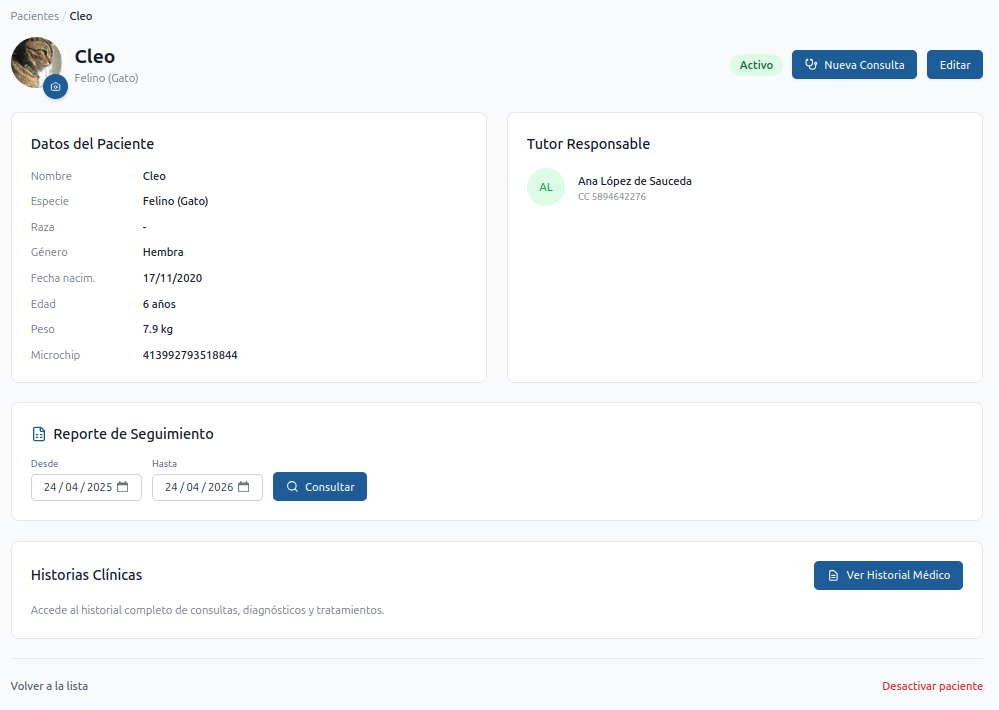 Perfil del paciente — datos básicos, tutor enlazado y botones de Historial Médico y Nueva Consulta