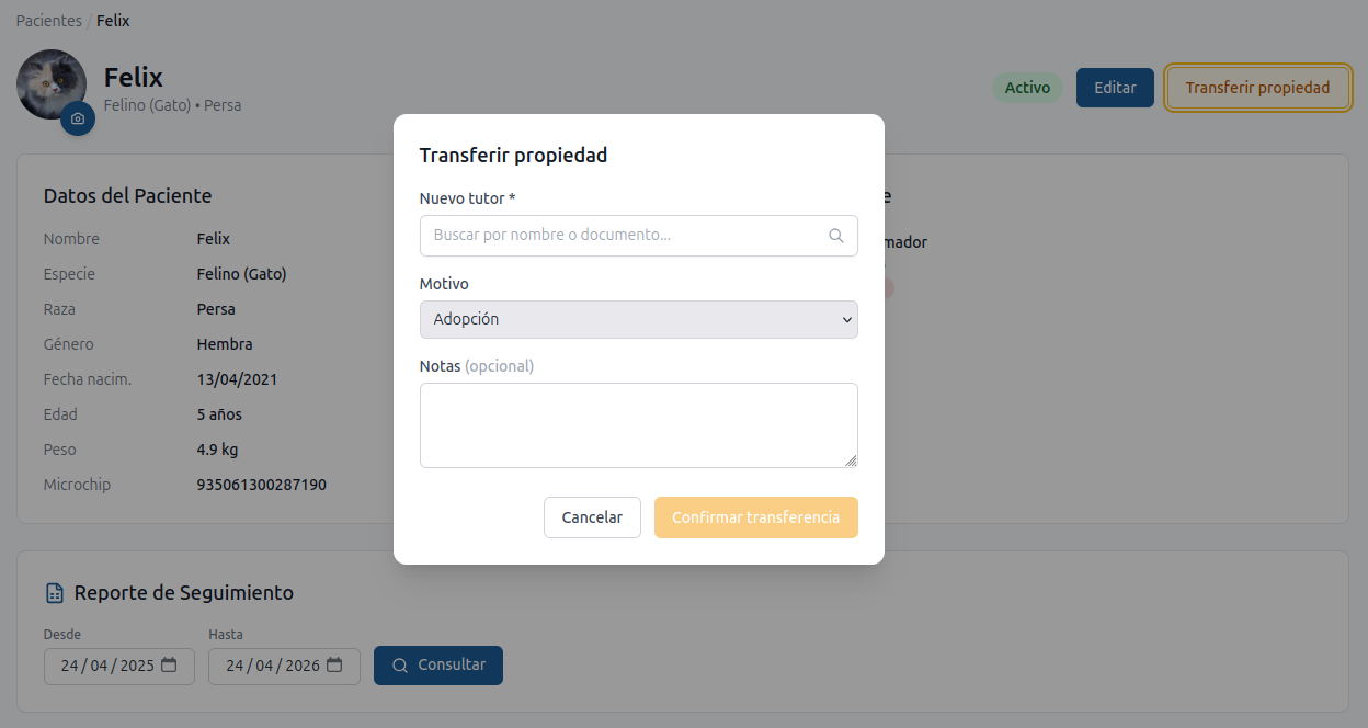 Modal de transferencia de propiedad de paciente — selección de tutor, motivo y notas