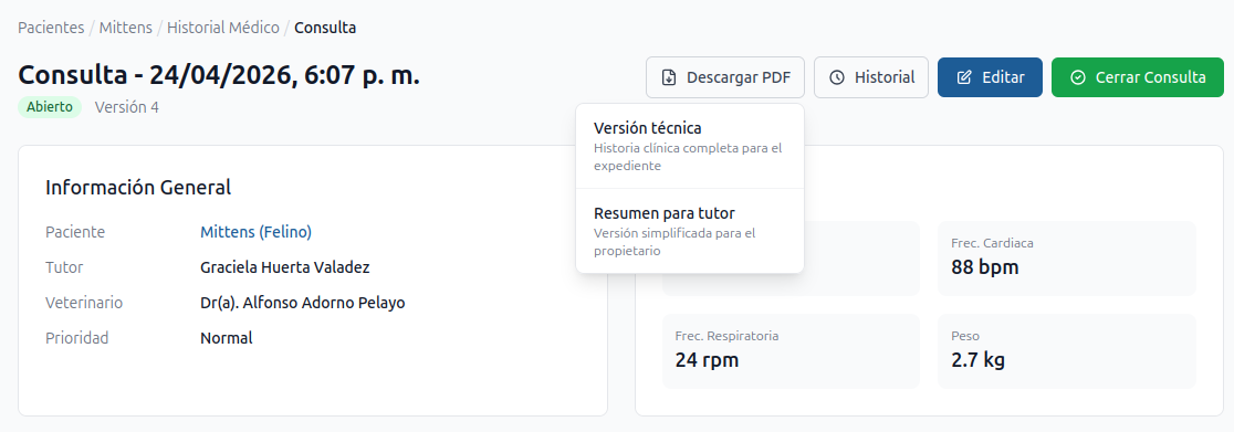 Menú desplegable de Exportar PDF — dos opciones: "Versión técnica" y "Resumen para tutor"